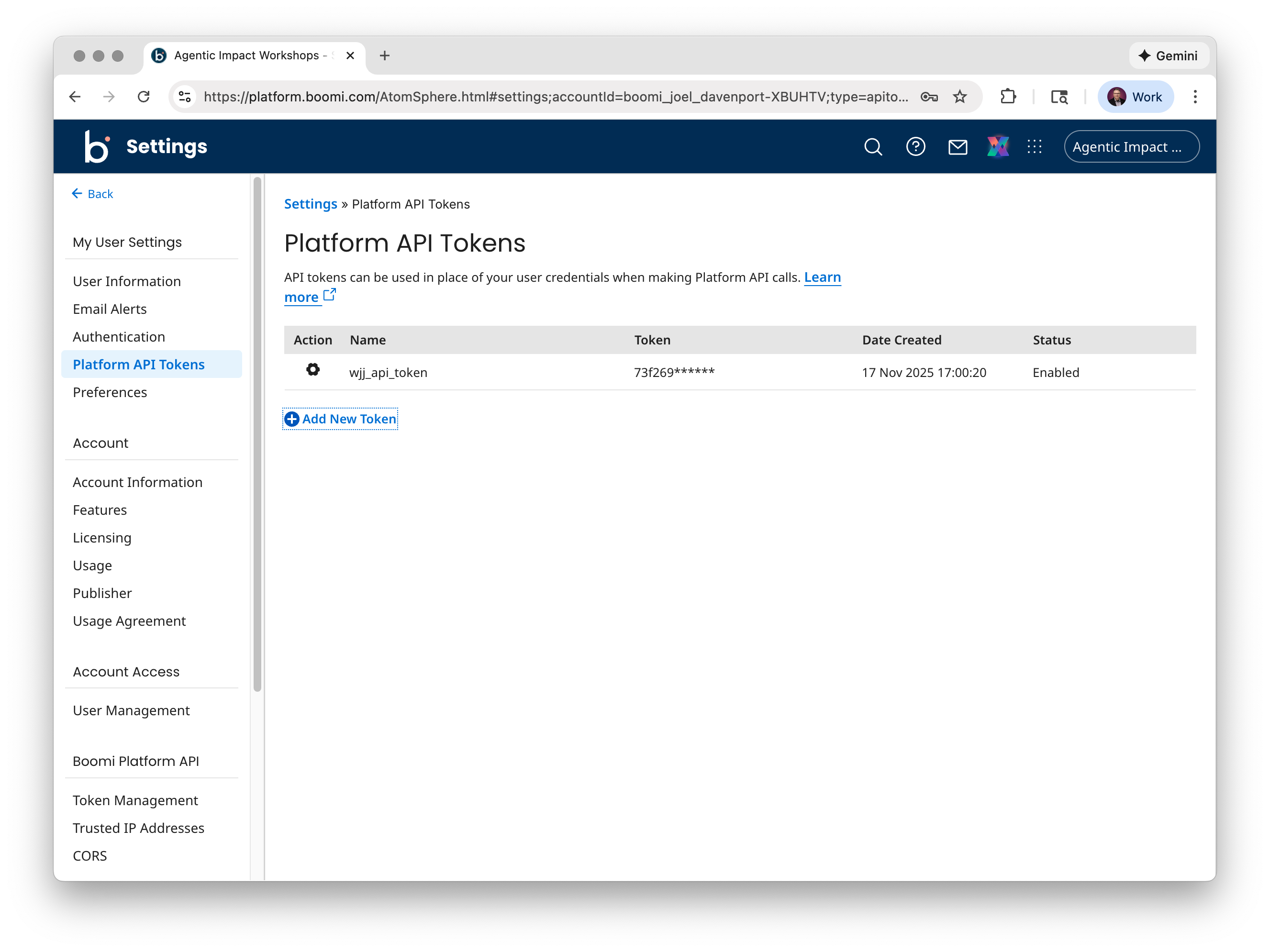 Platform API Tokens page