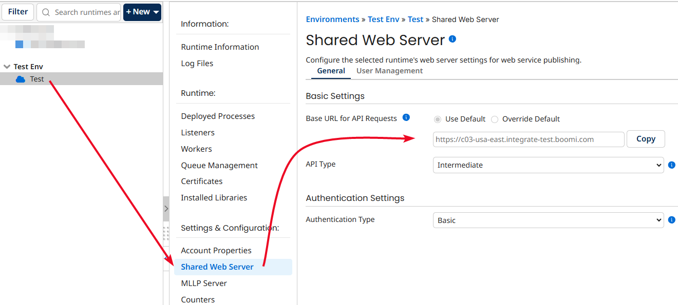 Shared Web Server configuration showing API settings