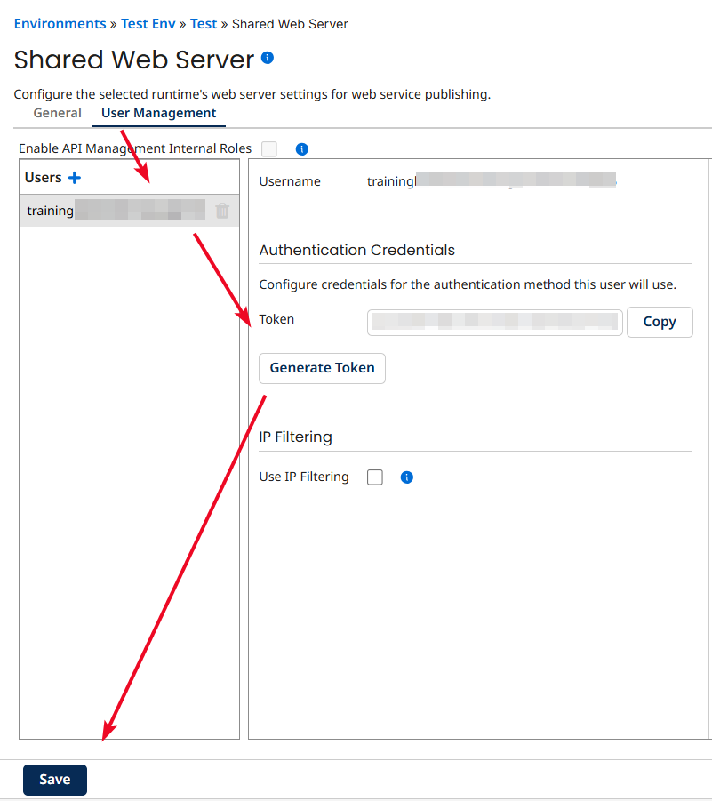 User Management showing username and token