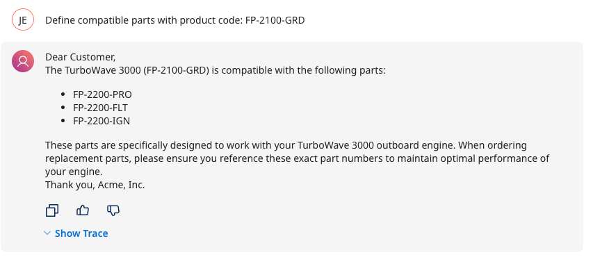 Test Agent panel showing agent response