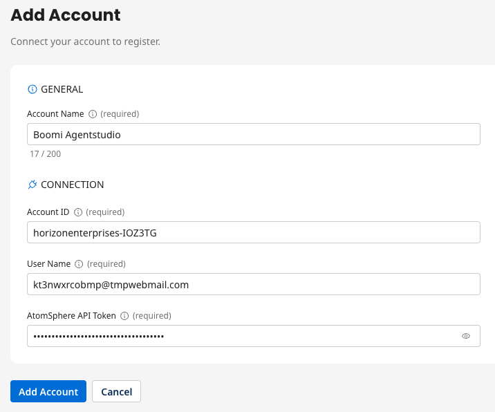 Add Account dialog with credentials