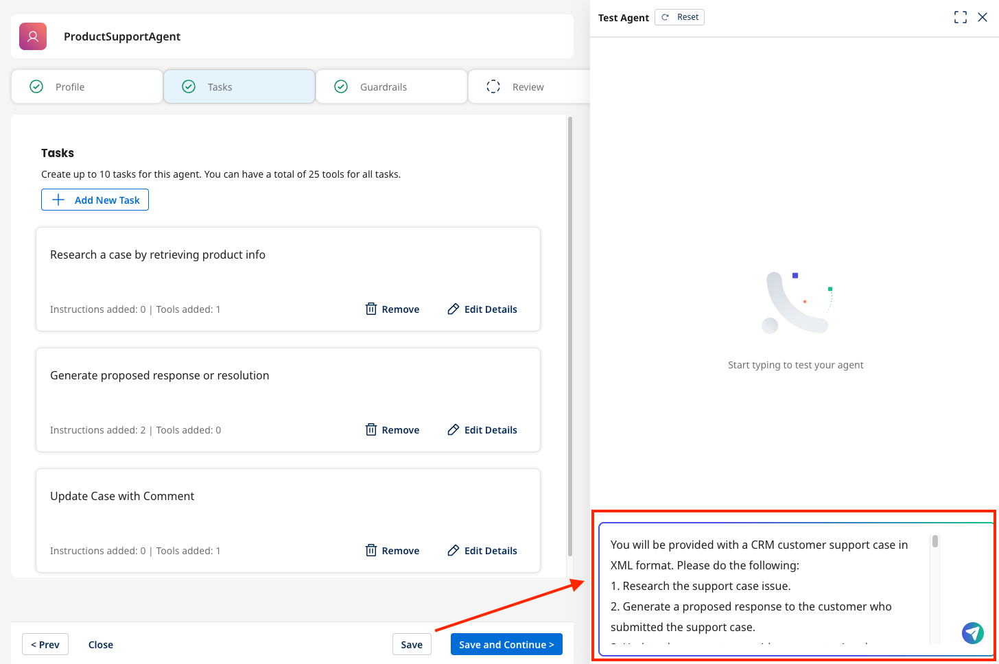 Test Agent panel with test payload