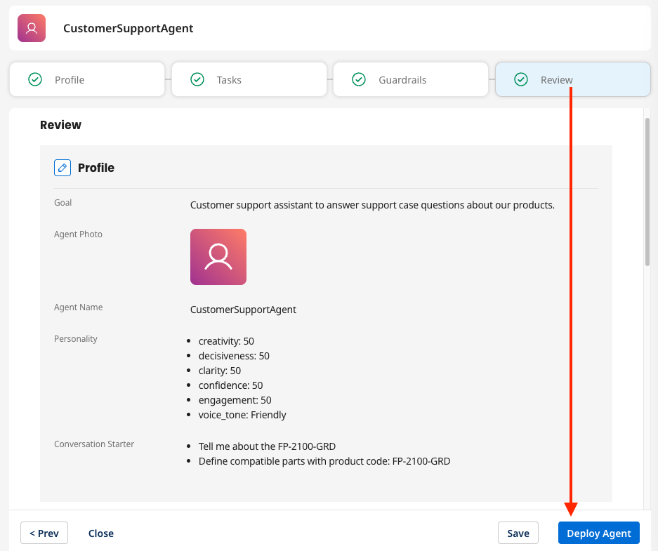 Deploy Agent button on Review tab