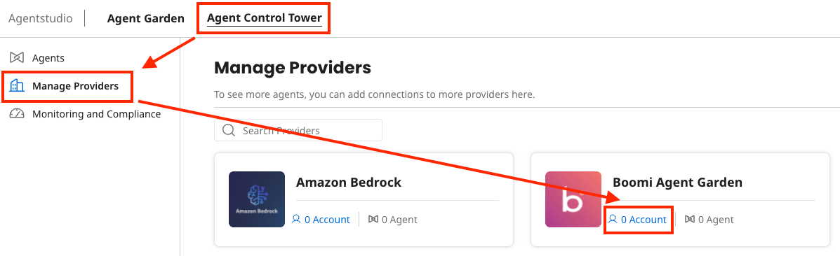 Manage Providers showing Boomi Agent Garden