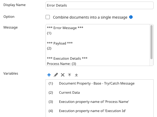 Message step configuration with variables