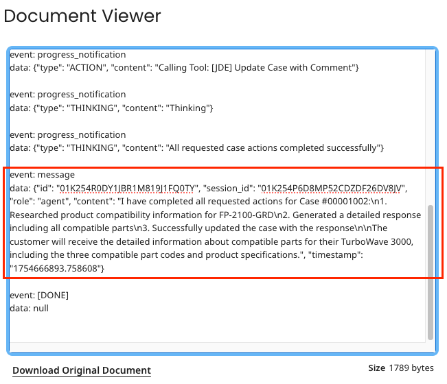 Document Viewer showing raw agent payload