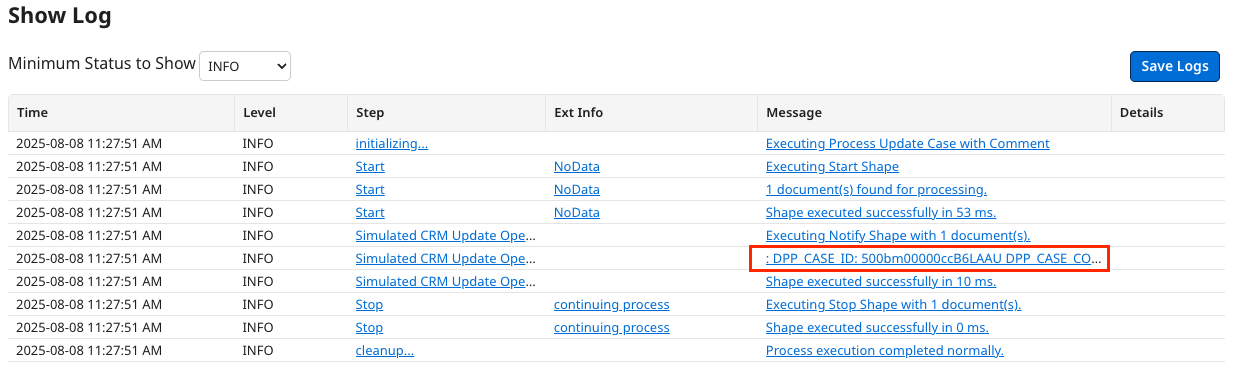 Process log showing Notify step message