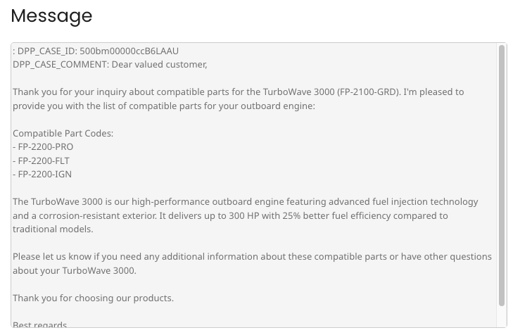 Message details showing Case ID and Case Comment