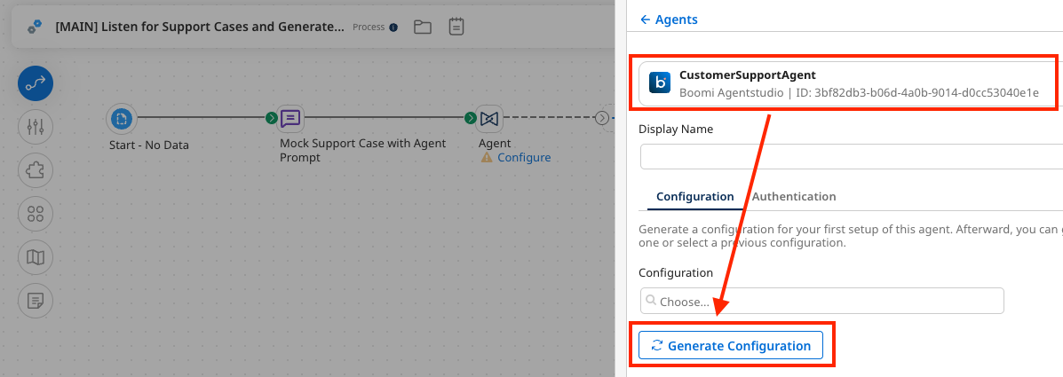 Agent step configuration showing CustomerSupportAgent