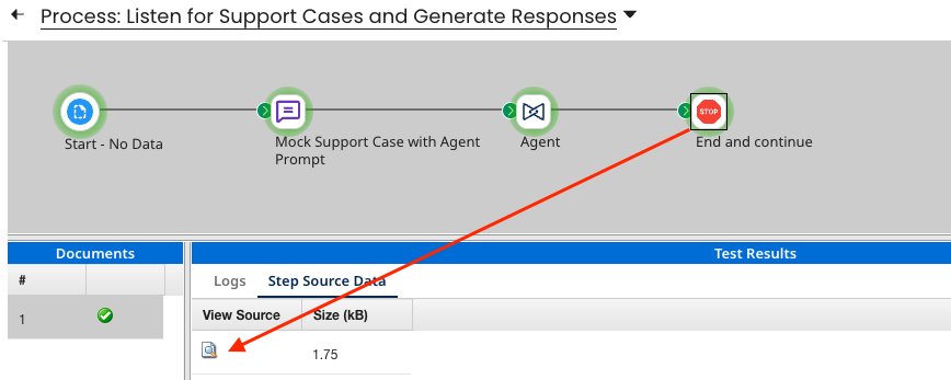 Test results showing Stop step with View Source Data option