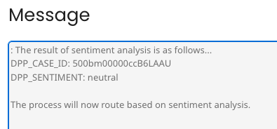 Message details showing Case ID and Sentiment value