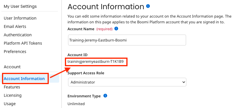 Account Information showing Account ID