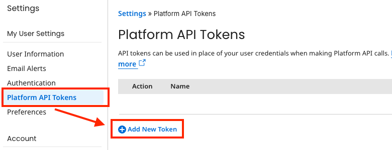 Platform API Tokens interface
