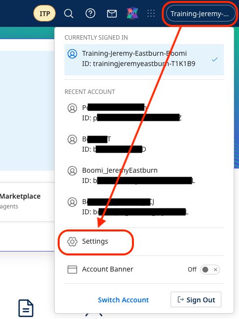 Settings menu showing Account Information and Setup