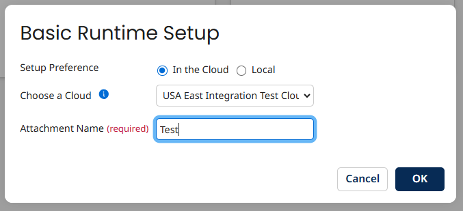 Cloud runtime setup dialog